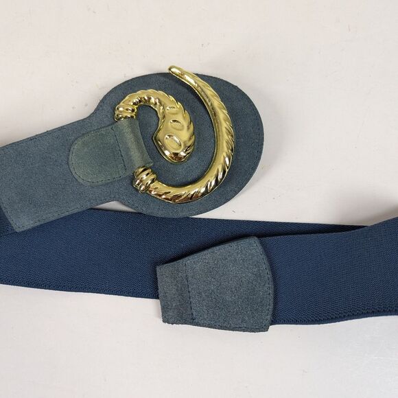 Vintage Blue Suede & Elastic Belt – Gold Snake Buckle – 31.5” Waist - Picture 4 of 7
